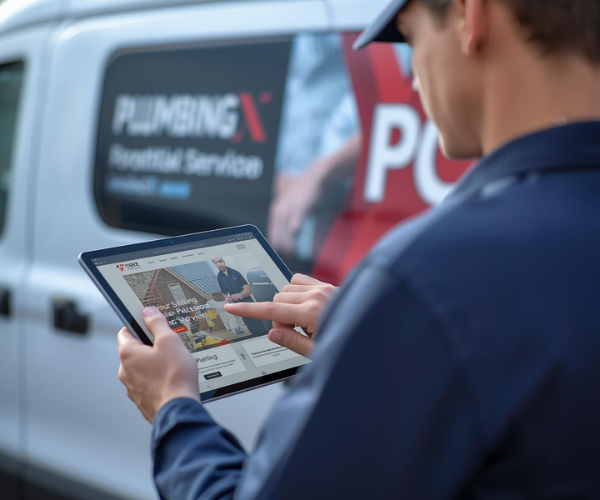 Professional plumber with modern website tools